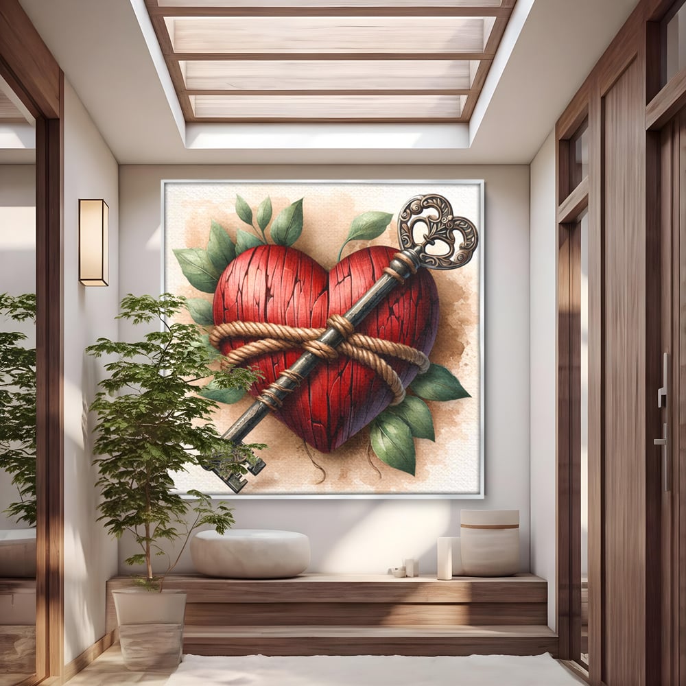 Tablou canvas cu tablou canvas cu inima de lemn si cheie, in rama de aluminiu argintiu